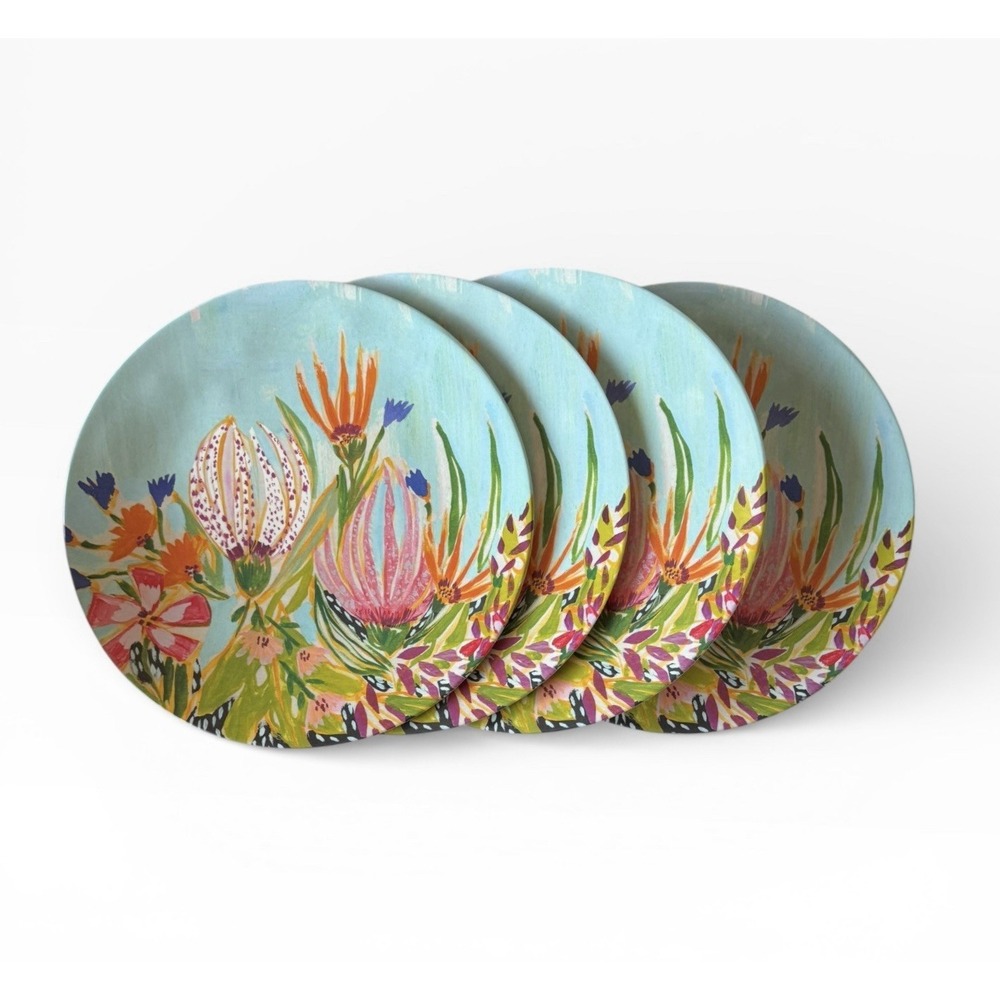 Anthropologie LULIE WALLACE Melamine Dinner Plates Set Of 4 Wild Flowers 10 3/4”